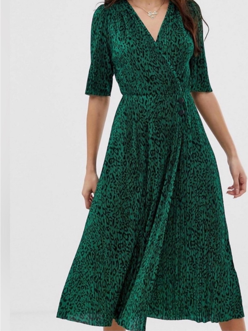 ASOS Green and Black Animal Print Wrap Midi Dress